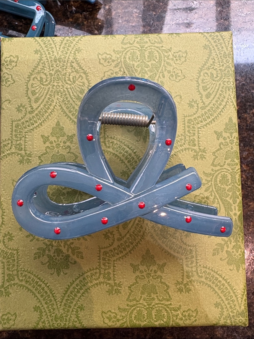 Glossy Blue Loop Hair Claw with Red Studs - handmade